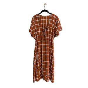 Le Lis Midi Dress Brown Rust Plaid grid pattern tie-front cut-out fall Medium